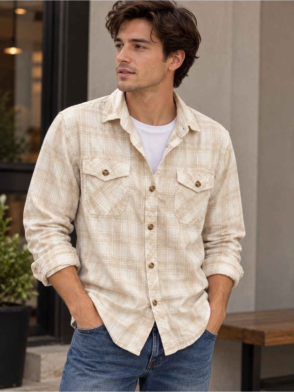 Frank & Oak Beige Plaid Casual Button-Down Shirt